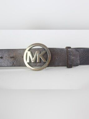 Vintage Distressed Dark Brown Wide Leather Belt MK Buckle Worn In